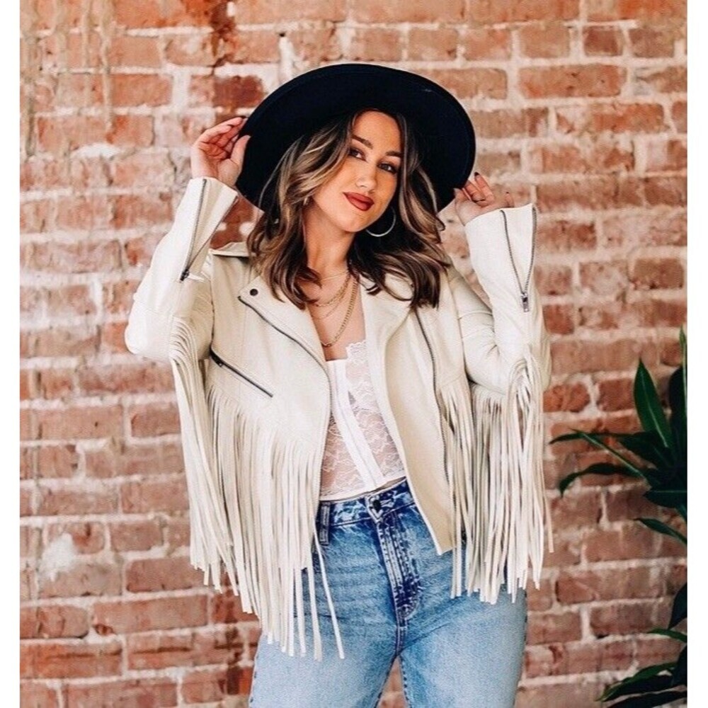 Dear John Talin Beige Fringed Jacket  Tassel Zipper Cowgirl Western Moto Rodeo S